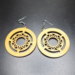 Wood carved round tribal earrings lightweight boho jewelry
